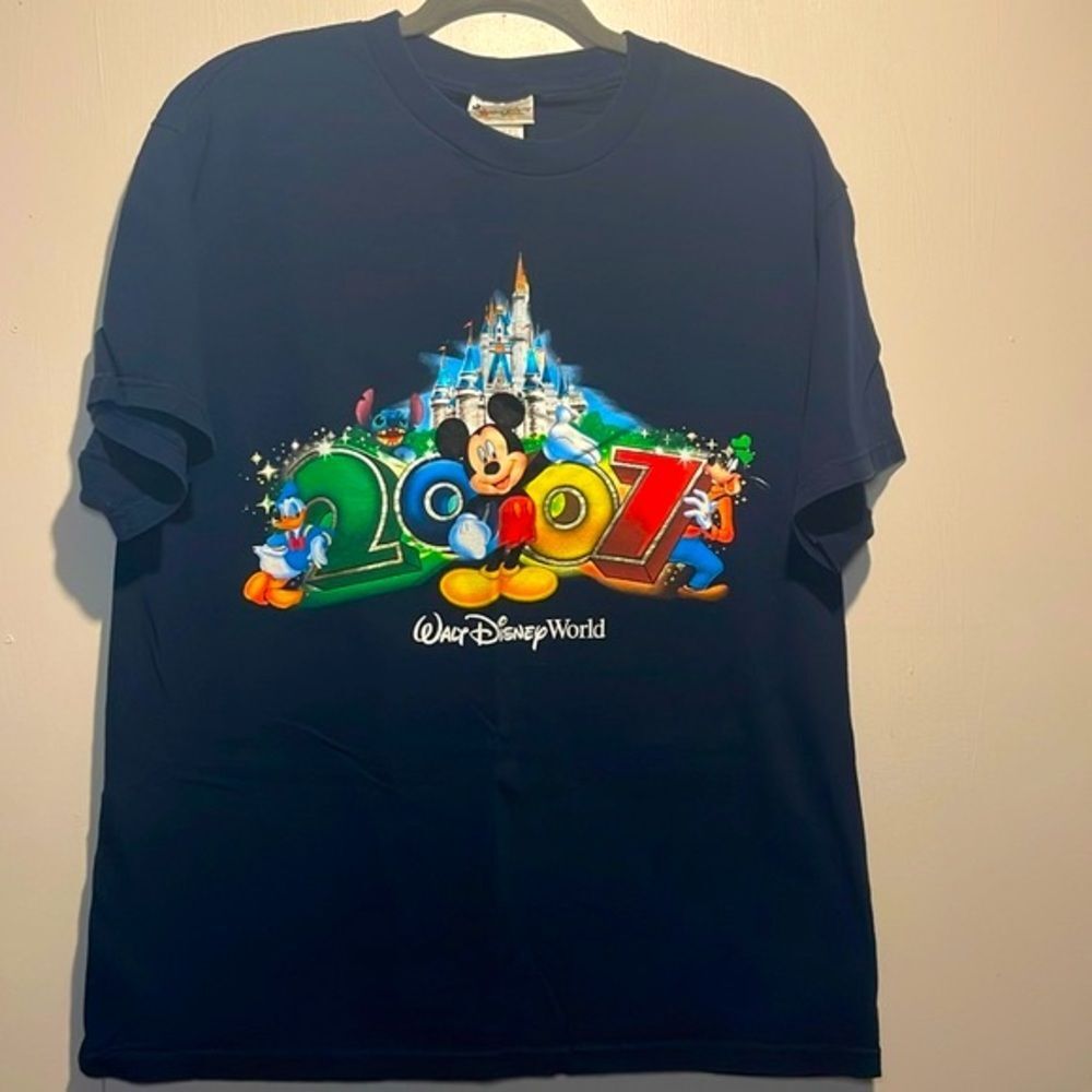 Disney- Navy Blue 2007 Large Letters with Mickey Mouse Graphic T- Shirt- Size L